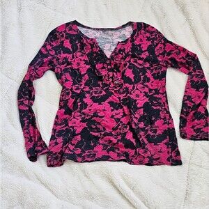 LOFT Pink and Navy Blue Graphic Blouse Size XS